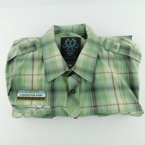 7 DIAMONDS Green Plaid Men's Button Down Short Sleeve Freedom Shirt XXL - Picture 1 of 5